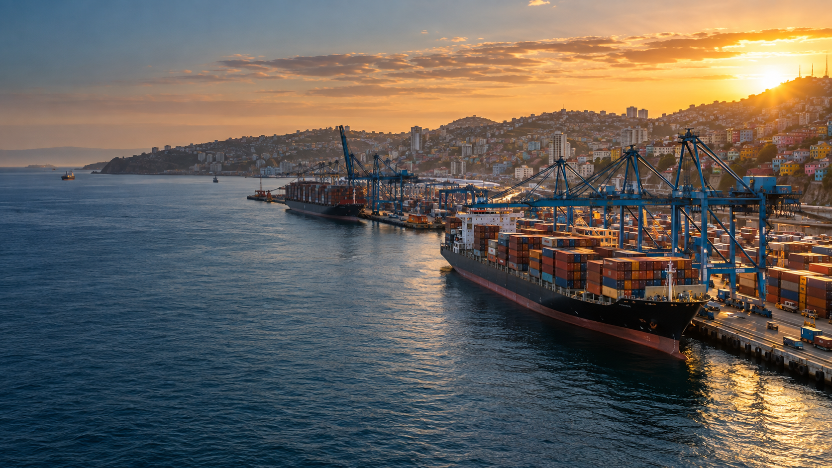 Puerto de Valparaíso al atardecer, con buques, grúas y cerros de la ciudad